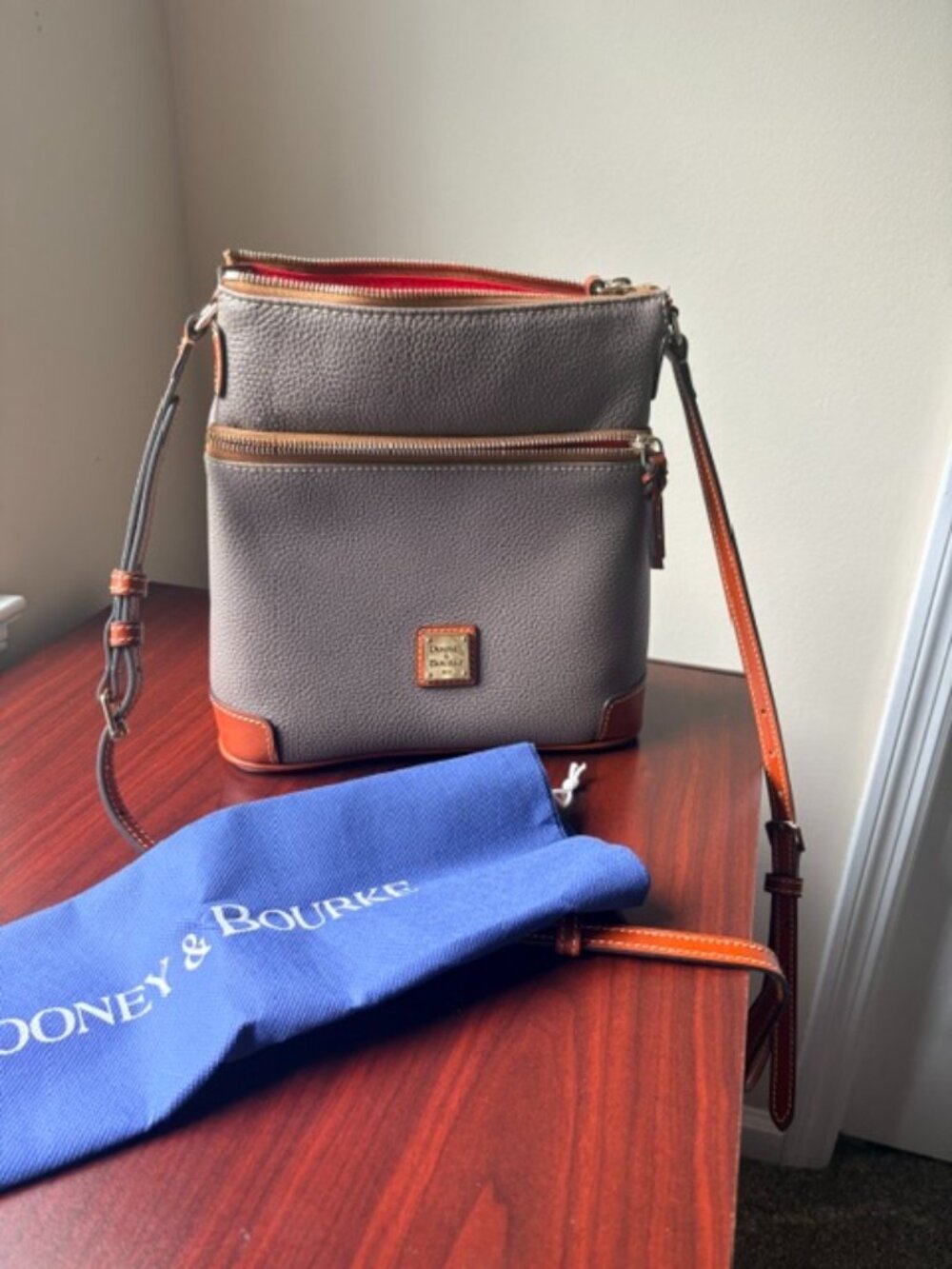 Dooney & Bourke Pebbled Leather Crossbody in Taupe with Brown Accent